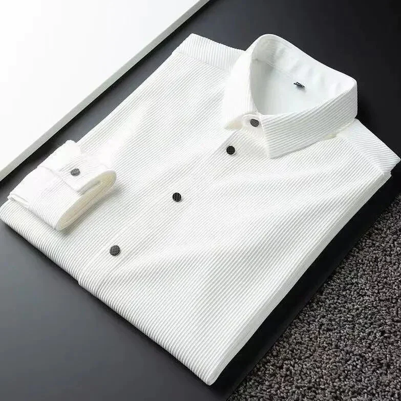 White Light Solid Stripe Casual Long Sleeve Shirt - Image 3