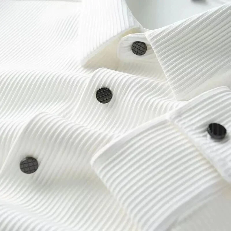 White Light Solid Stripe Casual Long Sleeve Shirt - Image 4
